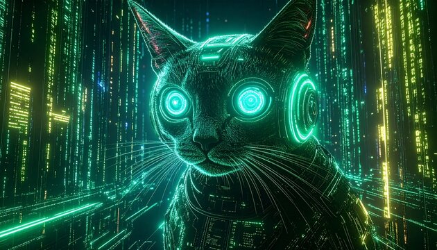 Futuristic cyberpunk cat with glowing neon eyes in digital matrix environment