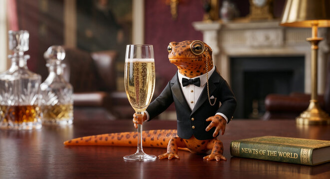 Dapper newt holding champagne, celebrating in a luxurious study