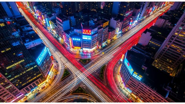 Night City Traffic Intersection Long Exposure Aerial View