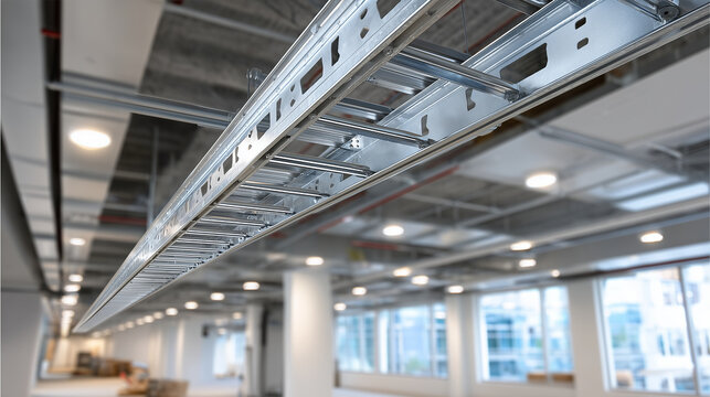 electrical cable trays in a commercial building ceiling, some sections filled, others empty, realistic construction lighting