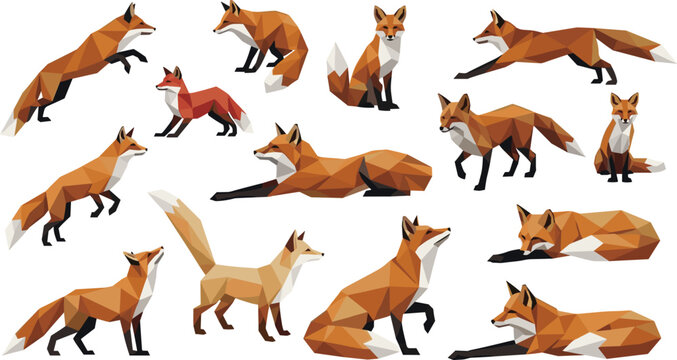 Low Poly Fox Character Set with Geometric Polygon Style and Various Poses for Wildlife Design, Modern Illustration, Branding, and Vector Graphics Collection.
