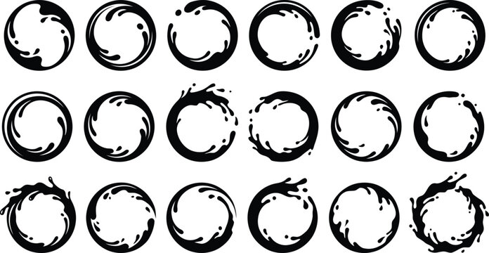 Black ink splash circle frames and liquid paint ring borders, featuring dynamic brush strokes and zen enso silhouettes for creative graphic design elements.