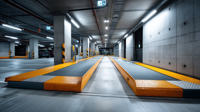 automated parking garage with platforms stopped at different heights, vehicles absent, concrete textures, cool ambient lighting