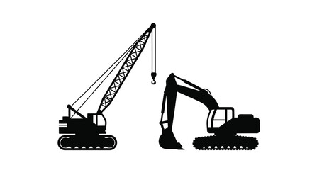 Construction machinery including a crane and excavator depicted in black silhouette © Mama