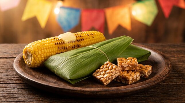 Traditional Brazilian Festa Junina food with grilled corn, pamonha, and peanut candy on rustic wooden background.