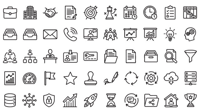 Business management and office workflow outline icon set for corporate app, project management platform, or professional UI design assets