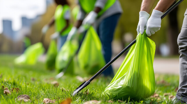 Faceless volunteers cleaning up trash in a city park using grabbers and garbage bags, representing collective responsibility and environmental care, close-up of hands and tools, br