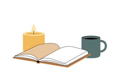 Fototapeta premium A minimalist vector illustration of a book, candle, and coffee mug on a plain background