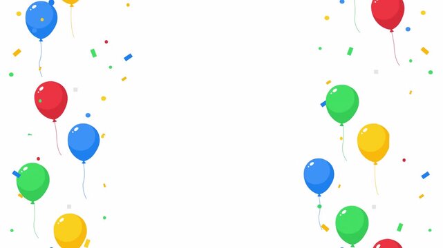 Colorful balloons and confetti floating in smooth 2D animation, festive celebration background, frame, clean design, alpha