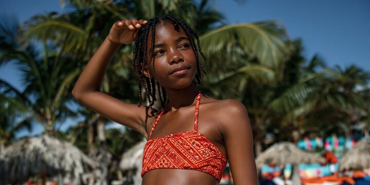 Preteen girl posing and looking into distance at tropical beach