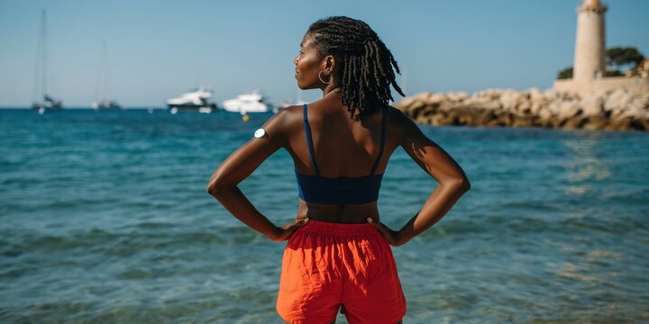 Woman standing hands on hips facing sea at rocky coastal shore