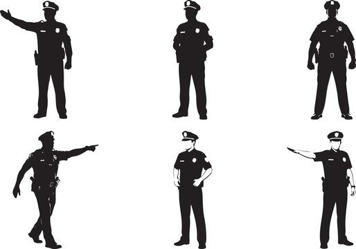 Police officers in black one signaling a striking silhouette. Police officers at signals vector illustration.