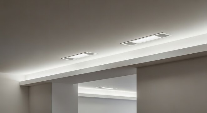 Modern interior ceiling with sleek, recessed off-white acoustic plaster panels and subtle ambient lighting