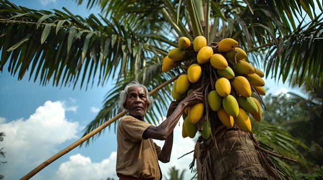 Elderly farmer harvesting ripe palm fruit in tropical plantation