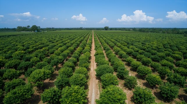 Aerial view of lush green blueberry farm rows under clear blue sky