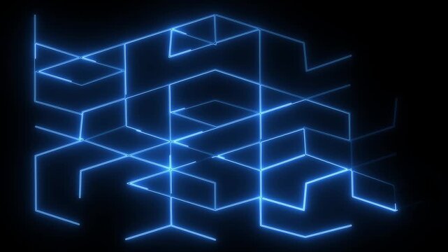 Abstract lines form a complex blue interconnected grid structure against a deep black background that offers extensive copy space for technical graphic design projects requiring a modern digital.