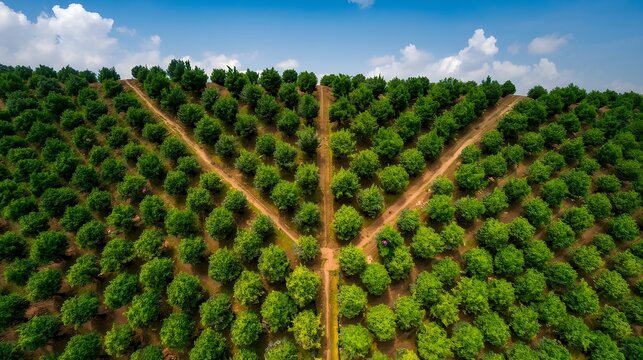 Aerial view of symmetrical farmland paths dividing lush green fields under blue sky