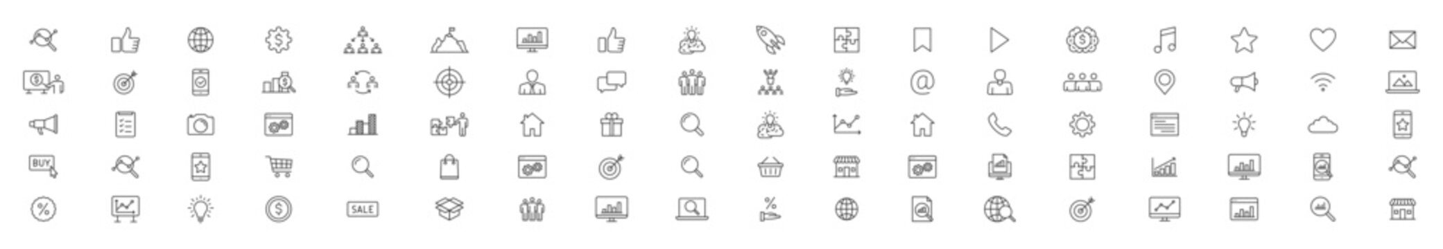 Digital marketing icon set. Containing seo, content, website, social media, sales and online advertising. Solid vector symbol collection.