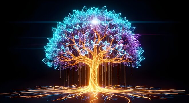 Glowing Neon Digital Tree with Cyan and Purple Leaves &mdash; Technology Nature Fusion Concept