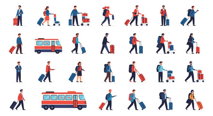 Fototapeta premium Large set of flat people characters traveling with luggage and suitcases alongside red city buses at a busy urban transportation hub.