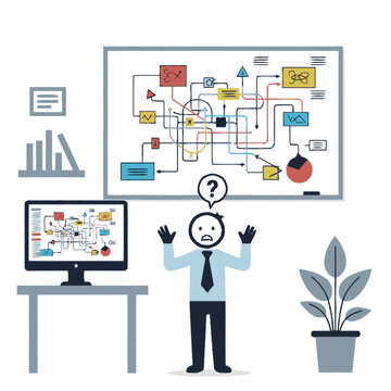 Confused businessman looking at complex flowchart on whiteboard and computer screen in office.