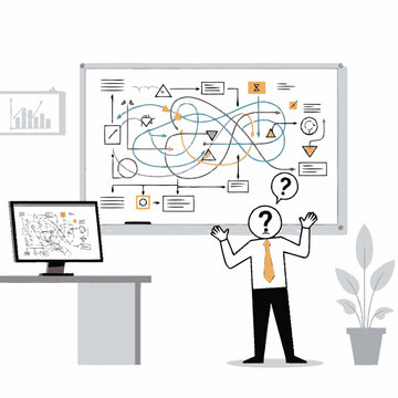Confused businessman standing in front of a complex flowchart on a whiteboard, representing a difficult problem or decision.