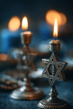 Captivating Close-Up of Jewish Festival Symbols Featuring Prayer and Candlelight at a Cultural Celebration Intimate Setting Artistic Perspective Highlighting Spirituality