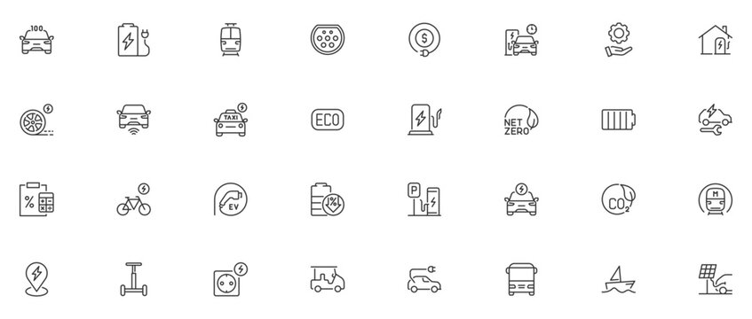 Electric vehicle or transport web icons in line style editable stroke. Electric car, battery, charging station, solar panel, range, plug, collection. Editable stroke.