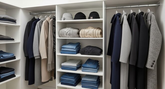 Neatly organized closet with stacked folded clothes and hanging apparel on white shelving