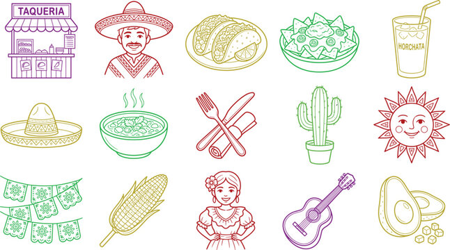 Mexican fiesta taqueria, man in sombrero, tacos, nachos, horchata, sombrero, soup, cutlery, cactus, sun, bunting, corn, woman, guitar, avocado
