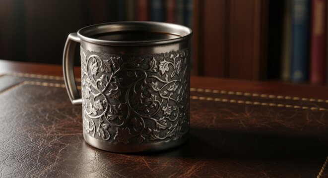 Ornate Embossed Metal Mug Filled With Dark Beverage On A Textured Surface