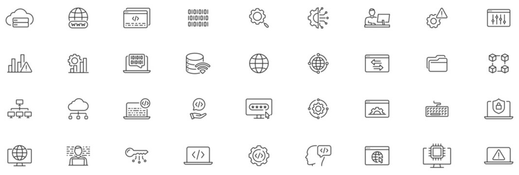 Programming and coding web icons in line style. Information technology, developer, idea, advertising, app, archive, collection. Editable stroke.