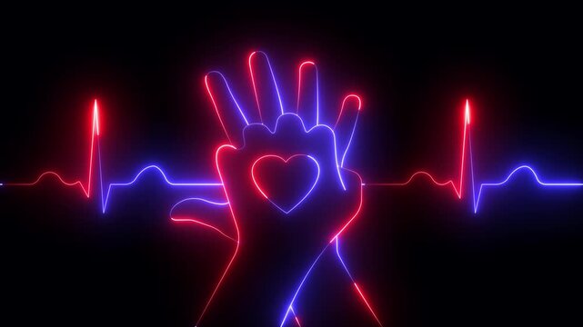 emergency neon heart beat with love icon conveys romantic love and passion. neon Heartbeat Line, ECG Cardiology Concept For Medical Health Care And Wellness, representing health for National CPR.
