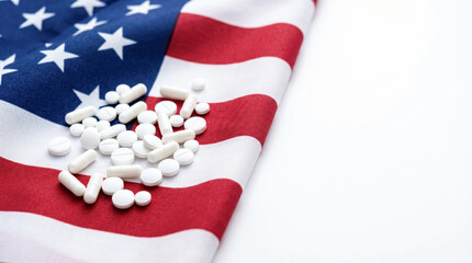 Fototapeta premium White pills and capsules on USA flag, pharmaceutical industry, prescription drugs and healthcare policy concept. 