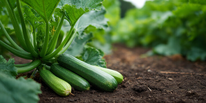 Fresh zucchini growing in garden soil