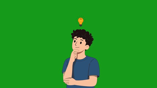 A cartoon character thinking with a glowing light bulb idea representing creativity and inspiration, perfect for green screen compositing, overlays and video editing