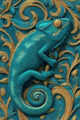 Obraz premium Sculptural Chameleon against a background of gold and turquoise swirls. Turquoise velvet background. Luxurious 3D sculptural relief