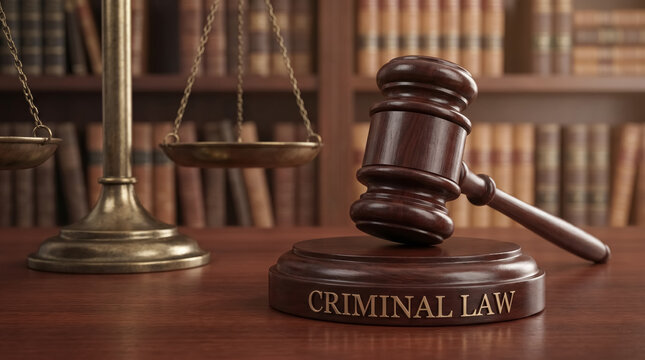 Judge gavel with scales of justice and criminal law text, legal system and courtroom concept. 