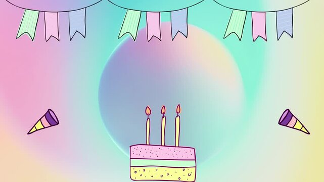 Animated graphic featuring a festive birthday cake with colorful crackers bursting in celebration. The lively animation and vibrant party elements create a joyful atmosphere perfect for birthday greet