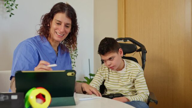 Caregiver assisting disabled child with cerebral palsy during therapy session