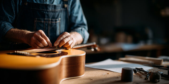 Craftsman repairing acoustic guitar strings