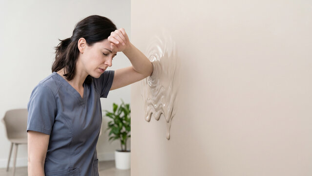 A woman holding head and  leaning on a wall with melting wall effect showing vertigo concept disorientation balance loss indoor space