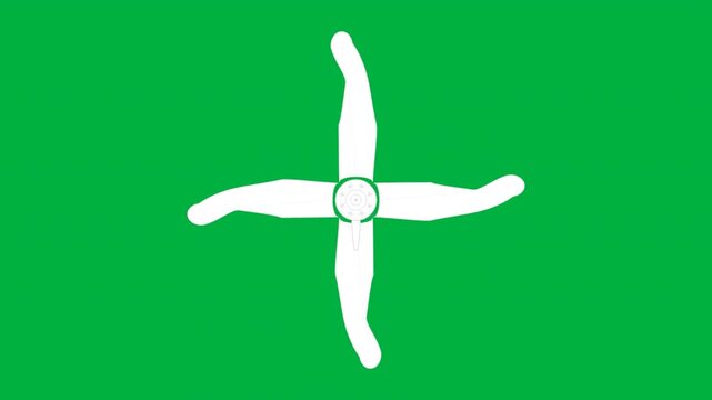 A green flag featuring a white four-armed design at its center, symbolizing unity and strength