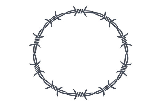 Barbed wire circle forming a restrictive frame and border. Simple flat vector illustration of a circular wire fence with sharp spikes for security, prison, protection, and boundary concepts.