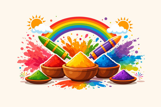 Vibrant Happy Holi Festival of Colors Vector Illustration Featuring Bowls of Gulal Powder, Pichkari Water Guns, Rainbow, Sun, and Colorful Paint Splashes for Indian Spring Celebration.