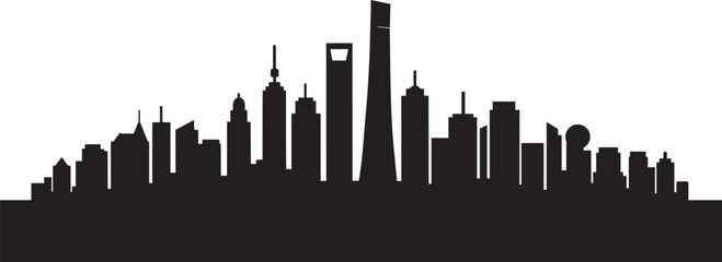 Obraz premium City skyline silhouette with diverse buildings and skyscrapers, illustration in black and white
