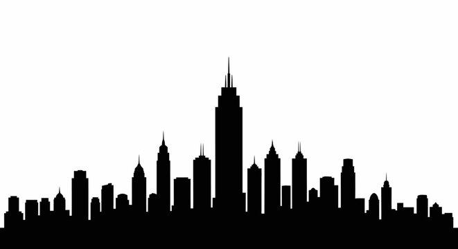 Detailed black silhouette of a modern city skyline with tall buildings, representing urban life and architecture, isolated white background.