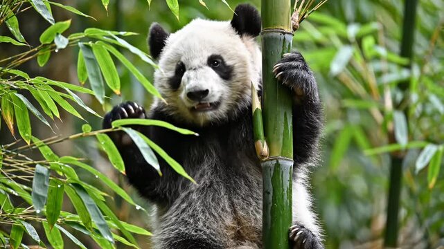 Close-up of a juvenile giant panda with thick black and white fur climbing a tall green bamboo stalk while reaching for fresh leaves in a lush, dense bamboo forest habitat.