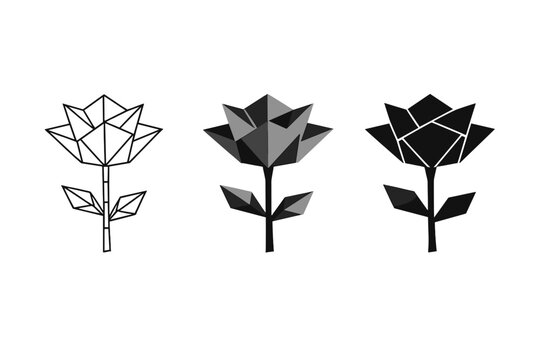 Set of three black geometric flower icons with a polygonal origami-inspired design, featuring outline, shaded 3D, and solid black styles for modern graphic design, logos, and minimalist art.