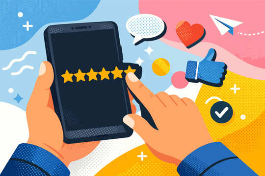 Trendy Halftone Collage Illustration of Hands Holding a Smartphone Giving a Five Star Rating for Customer Feedback, Online Review, Social Media Engagement, and User Satisfaction Concept